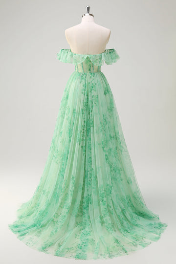 Green A Line Off The Shoulder Corset Ruffled Print Long Prom Dress with Slit